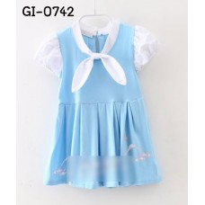 GI0742 เดรสเด็กผู้หญิง แขนสั้น  แต่งคอซอง กระโปรงจับจีบ สีฟ้า S.90