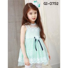 GI0752 เดรสเด็กผู้หญิง แขนกุดขอบลูกไม้ ติดดอกไม้ที่เอวสีขาว ช่วงบนแต่งผ้าลูกไม้โปร่ง สีเขียว (2ชิ้น) S.110