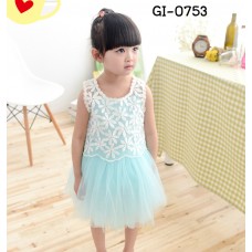 GI0753 เดรสเด็กผู้หญิง ออกงาน  เสื้อลายลูกไม้แขนกุด สีขาว + เดรสสายเดี่ยว สีฟ้า (2ชิ้น) S.110