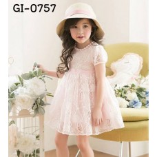 GI0757 เดรสเด็กผู้หญิง แขนสั้น แต่งไข่มุกขอบคอ โบว์สีชมพูรอบเอว ผ้าลูกไม้สีโอรสทั้งตัว  S.100