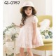 GI0757 เดรสเด็กผู้หญิง แขนสั้น แต่งไข่มุกขอบคอ โบว์สีชมพูรอบเอว ผ้าลูกไม้สีโอรสทั้งตัว  S.100