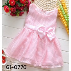 GI0770X << สินค้ามีตำหนิ >> ชุดเดรสเด็กผู้หญิง ชุดราตรีเด็กออกงาน แขนกุด แต่งโบว์ที่เอว ลายตาราง สีชมพู S.120