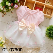 GI0790P ชุดเดรสสั้นเด็กผู้หญิง ชุดราตรีเด็กแขนสั้น สีชมพู แต่งโบว์ กระโปรงสีขาวลายจุด