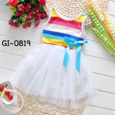 GI0819 ชุดเดรสเด็กผู้หญิง แขนกุดลายขวางสีรุ้ง ขอบคอและแขนสีขาว กระโปรงฟูฟ่องสีขาว (2ชิ้น) S.80