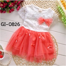 GI0826 เดรสสั้นเด็กผู้หญิงออกงาน เด็กเล็ก แขนสั้นแต่งลูกไม้สีขาว กระโปรงสีแดงแตงโม