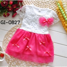 GI0827 เดรสสั้นเด็กผู้หญิงออกงาน เด็กเล็ก แขนสั้นแต่งลูกไม้สีขาว กระโปรงสีชมพูบานเย็น