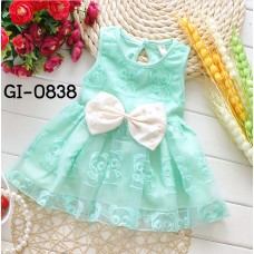 GI0838X << สินค้ามีตำหนิ >> ชุดเดรสสั้นเด็กผู้หญิง ออกงาน แขนกุด ติดโบว์แต่งไข่มุกสีครีม ปักลายทานูกิ สีเขียว (2ชิ้น) S.95