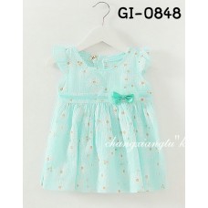 GI0848 ชุดเดรสเด็กผู้หญิง ผ้าฝ้าย ลายดอกไม้ ติดโบว์ สีฟ้า S.80/95