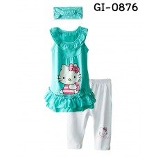 GI0876 ชุดเด็กผู้หญิง เสื้อยาวคิตตี้แขนกุดคอระบาย + กางเกงสีขาว + ผ้าคาดผมลายจุด สีเขียว (3ชิ้น) S.80