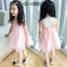 GI0881 เดรสเด็กผู้หญิงออกงานแขนกุด ผ้าลูกไม้ไขว้หลัง แต่งไข่มุก สีชมพู S.110