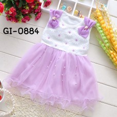 GI0884 เดรสเด็กผู้หญิงออกงานแขนกุดติดโบว์ที่บ่า 2 ข้าง แต่งไข่มุกที่กระโปรงสีม่วง S.80/90