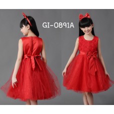 GI0891 ชุดราตรีเด็กผู้หญิง ใส่ออกงาน แขนกุด แต่งกุหลาบช่วงบน ติดโบว์ที่เอว สีแดง