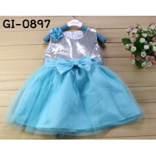 GI0897 ชุดราตรีเด็กผู้หญิงใส่ออกงานแขนกุดปักเลื่อม แต่งดอกไม้บนบ่าขวา ติดโบว์ที่เอว สีฟ้า