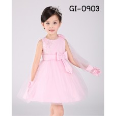 GI0903 ชุดราตรีเด็กผู้หญิงออกงาน แขนกุด ช่วงบนแต่งเลื่อม ติดกุหลาบที่บ่าข้างเดียว สีชมพู S.70