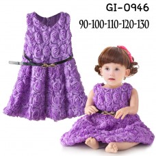 GI0946 เดรสเด็กผู้หญิงออกงานแขนกุด แต่งดอกกุหลาบซ้อนทั้งตัว สีม่วง พร้อมเข็มขัด (2ชิ้น) S.90