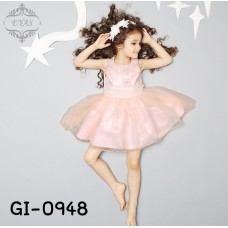 GI0948 เดรสเด็กผู้หญิงออกงาน แขนกุด แต่งดอกไม้ติดเกสรไข่มุก สีโอรส S.110