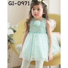 GI0971 เดรสเด็กผู้หญิงออกงานสายเดี่ยวเส้นใหญ่ คอเหลี่ยมติดดอกไม้ ลายจุดสีเขียว S.120/140