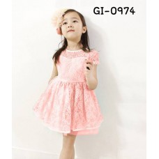 GI0974 เดรสเด็กผู้หญิงทรงเอแขนสั้น ผ้าลูกไม้ทั้งตัวสีชมพู