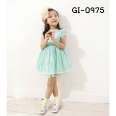 GI0975 เดรสเด็กผู้หญิงทรงเอแขนสั้น ผ้าลูกไม้ทั้งตัว สีฟ้าสีเขียว S.110