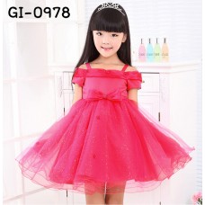 GI0978 ชุดราตรีเด็กผู้หญิงออกงาน สายเดี่ยวที่บ่าเปิดไหล่ แต่งไม้เล็กๆ ติดโบว์ สีชมพูบานเย็น S.110