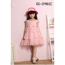 GI0981C เดรสเด็กผู้หญิง เด็กโต แขนสั้น กระโปรงระบายเป็นชั้นๆ สีโอรสอ่อน 