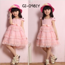 GI0981Y เดรสเด็กผู้หญิง เด็กโต แขนสั้น กระโปรงระบายเป็นชั้นๆ สีโอรสเข้ม