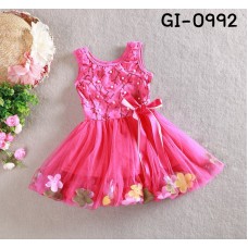 GI0992 เดรสเด็กผู้หญิงออกงาน แขนกุด ติดโบว์ ปักเลื่อมและไข่มุก สีชมพูบานเย็น (2ชิ้น)