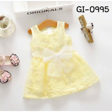 GI0995 เดรสเด็กผู้หญิงแขนกุดติดโบว์ที่เอว ผ้าลูกไม้สีเหลืองอ่อน S.80/95