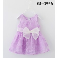 GI0996 เดรสเด็กผู้หญิงแขนกุดติดโบว์ที่เอว ผ้าลูกไม้สีม่วง