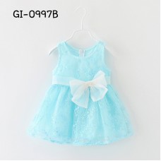 GI0997B เดรสเด็กผู้หญิงแขนกุดติดโบว์ที่เอว ผ้าลูกไม้สีฟ้าอ่อน S.95