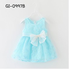 GI0997B เดรสเด็กผู้หญิงแขนกุดติดโบว์ที่เอว ผ้าลูกไม้สีฟ้าอ่อน