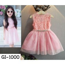 GI1000 เดรสเด็กผู้หญิงออกงาน แขนกุด ผ้าลูกไม้ช่วงบน พร้อมสร้อยผูกคอ สีชมพู (2ชิ้น) S.80