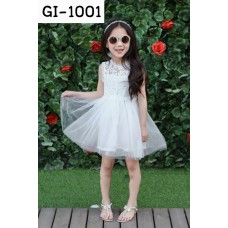 GI1001 เดรสเด็กผู้หญิงออกงาน แขนกุด ผ้าลูกไม้ช่วงบน พร้อมสร้อยผูกคอ สีขาว (2ชิ้น) 