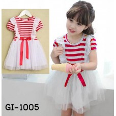 GI1005 เดรสเด็กผู้หญิงแขนสั้น แต่งผ้าลูกไม้ระบายบ่าถึงเอว ลายขวางสีขาวสลับสีแดง 