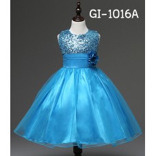 GI1016A ชุดราตรีเด็กผู้หญิงใส่ออกงานแขนกุดช่วงบนปักเลื่อม แต่งดอกไม้ที่เอว สีฟ้า (2ชิ้น) S.160