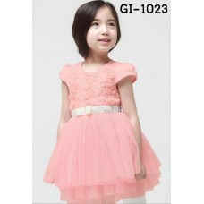 GI1023 เดรสเด็กผู้หญิงออกงานแขนสั้น ช่วงบนแต่งกุหลาบเล็กๆ สีโอรส S.100