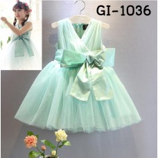 GI1036 ชุดราตรีเด็กผู้หญิงออกงาน แขนกุด แต่งโบว์ที่เอว สีเขียวมิ้นท์