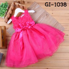 GI1038 ชุดราตรีเด็กผู้หญิง ใส่ออกงาน แขนกุด แต่งกุหลาบช่วงบน ติดโบว์ที่เอว สีชมพูบานเย็น 