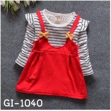 GI1040 เดรสสั้นเด็กผู้หญิง คอกลมแขนยาวลายขวาง เอี๊ยมเย็บติด สีแดง S.80