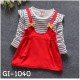 GI1040 เดรสสั้นเด็กผู้หญิง คอกลมแขนยาวลายขวาง เอี๊ยมเย็บติด สีแดง S.80