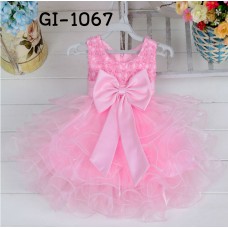 GI1067 ชุดราตรีเด็กผู้หญิงออกงานแขนกุดแต่งไข่มุก กระโปรงฟูฟ่องเป็นชั้นๆ สีชมพูn S.80