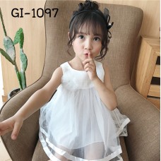 GI1097 เดรสเด็กผู้หญิงออกงานแขนกุด ติดดอกไม้ที่อก สีขาว (2ชิ้น) S.100/140