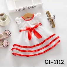 GI1112 เดรสสั้นเด็กผู้หญิงออกงานแขนระบายสีขาว แต่งขอบริบบิ้นสีแดง