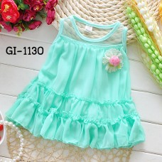 GI1130 เดรสสั้นเด็กผู้หญิง แขนกุดผาชีฟอง แต่งดอกไม้ที่อก สีเขียว (2ชิ้น)