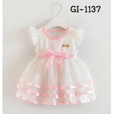 GI1137 เดรสสั้นเด็กผู้หญิงออกงานแขนระบายสีขาว แต่งขอบริบบิ้นสีชมพู S.80/95