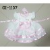 GI1137 เดรสสั้นเด็กผู้หญิงออกงานแขนระบายสีขาว แต่งขอบริบบิ้นสีชมพู S.80/95