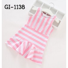 GI1138 เดรสเด็กผู้หญิง แขนกุด ลายขวางสีขาวสลับชมพู