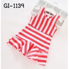 GI1139 เดรสเด็กผู้หญิง แขนกุด ลายขวางสีขาวสลับแดงแตงโม