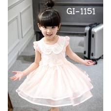 GI1151 ชุดเดรสเด็กผู้หญิงใส่ออกงานแขนสั้น แต่งลูกไม้คอบัวติดไข่มุก สีโอรส
