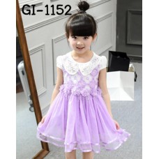 GI1152 ชุดเดรสเด็กผู้หญิงใส่ออกงานแขนสั้น แต่งลูกไม้คอบัวติดไข่มุก สีขาวม่วง S.100/110